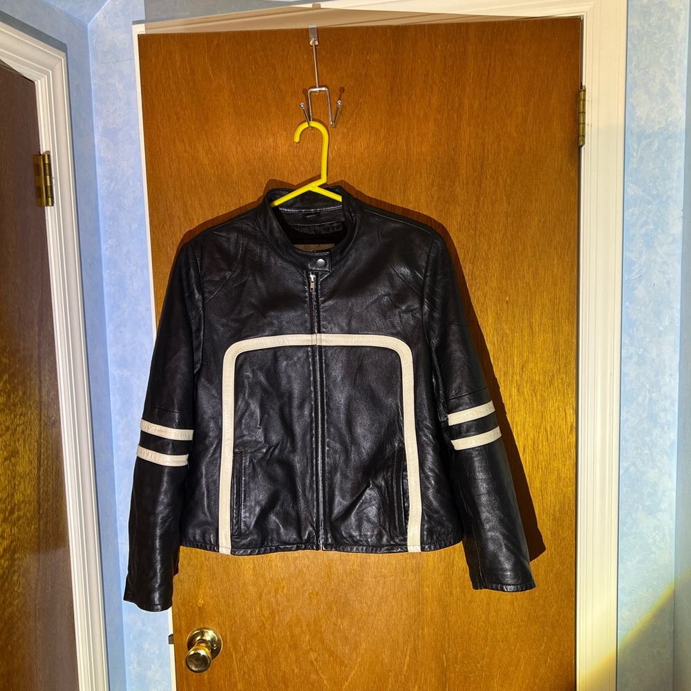 Women's Black Leather Jacket with White Accents Wilson’s XL genuine